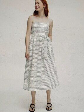 Kate Spade (L) Black & Ivory Polka-Dot Umpire Waist Shirred Back Linen Sundress